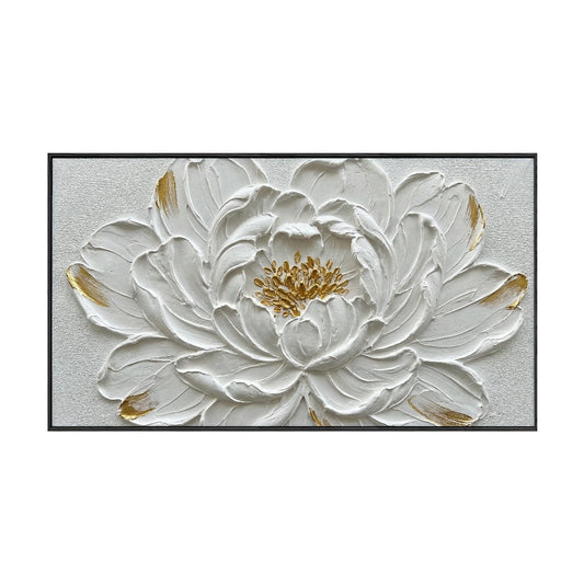 Elegant White Gold 3D Textured Flower Wall Art, Framed Impasto Floral Canvas Artwork for Living Room Bedroom Dining Room Hallway Office Modern Home Decor