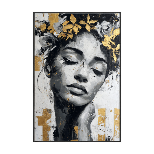 Black and White Gold Accent Textured Portrait Woman with Floral Crown Impasto Canvas Wall Art for Modern Living Room Bedroom Office Dining Hallway Decor