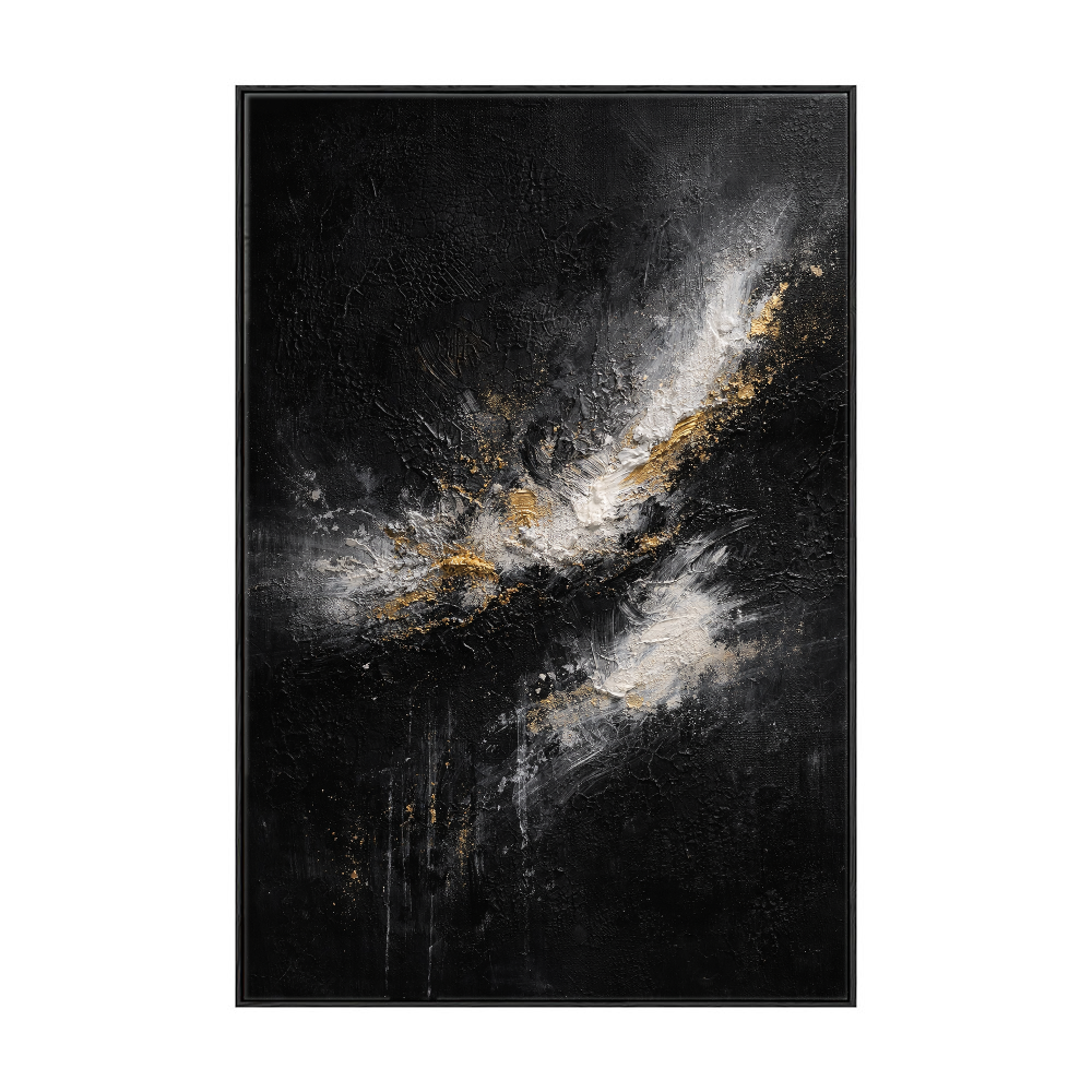 Elegant Black White Gold Abstract Textured Wall Art - Dramatic Contrast Knife Impasto Painting for Modern Minimalist Living Spaces, Office, Bedroom, Dining Room & Hallway Decor
