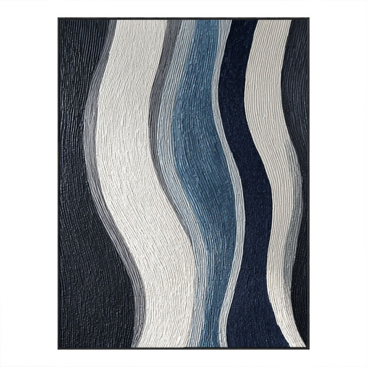 Modern Abstract Black White Blue Grey Curved Geometry Textured Minimalist Wall Art Decor, Large Framed Handmade Wavy Lines Stretched Canvas Artwork for Living Room Bedroom Dining Room Office Home Office Hallway Wall Decor