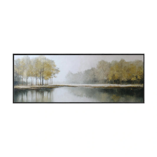 Tranquil Misty Lakeside Trees Canvas Wall Art – Serene Vintage Landscape with Soft Water Reflections, Earthy Tones, Framed Modern Rustic Decor for Calm Spaces