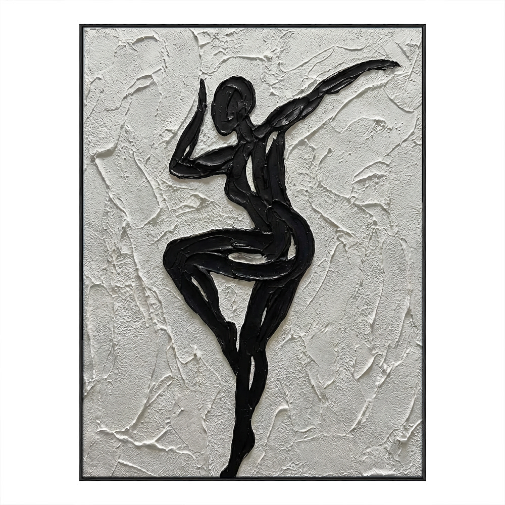 Black and White Textured Impasto Dancing Female Figure Portrait Minimalist Modern Bold Line Wall Art Decor for Living Room Bedroom Office Dining Room Hallway