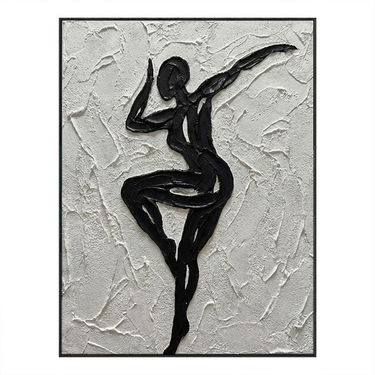 Black and White Textured Impasto Dancing Female Figure Portrait Minimalist Modern Bold Line Wall Art Decor for Living Room Bedroom Office Dining Room Hallway