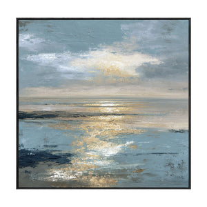 Abstract Textured Ocean and Sky Wall Art with Thick Impasto Brushstrokes, Serene Blue and Gold Seascape for Living Room Bedroom Dining Room Office Hallway, Vintage Coastal Landscape Artwork with Reflective Sunlight Waves