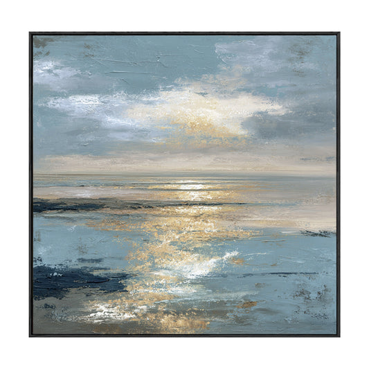 Abstract Textured Ocean and Sky Wall Art with Thick Impasto Brushstrokes, Serene Blue and Gold Seascape for Living Room Bedroom Dining Room Office Hallway, Vintage Coastal Landscape Artwork with Reflective Sunlight Waves
