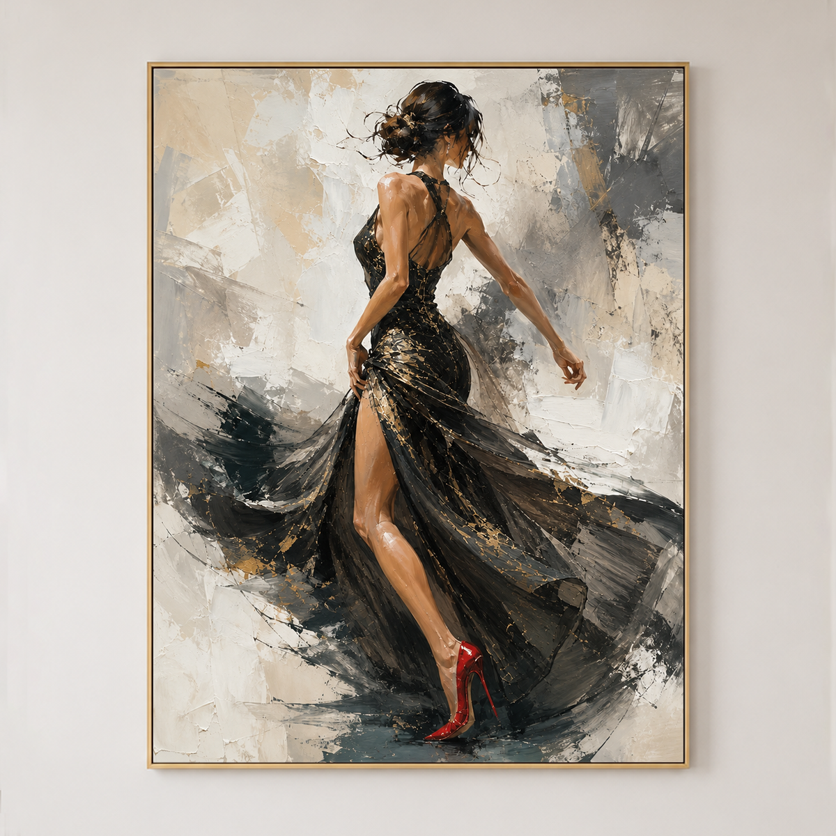 Elegant Female Figure Wall Art, Black Gold Evening Dress Red High Heels, Abstract Textured Background Modern Portrait Artwork, Chic Decor for Living Room Bedroom Dining Room Office Hallway