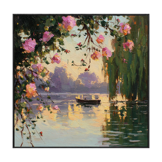 Vintage Impressionist Lake Landscape Wall Art Pink Flower Green Tree Purple Sunset Nature Textured Painting Framed Canvas Artwork for Living Room Bedroom Dining Room Office Hallway Home Decor