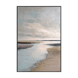 Serene Textured Coastal Horizon Landscape Impasto Wall Art Muted Light Grey Soft Blue Warm Beige Earthy Brown Sand Beach Seaside Calming Ocean Sky Scenery for Modern Living Room Bedroom Office Dining Room Hallway Decor