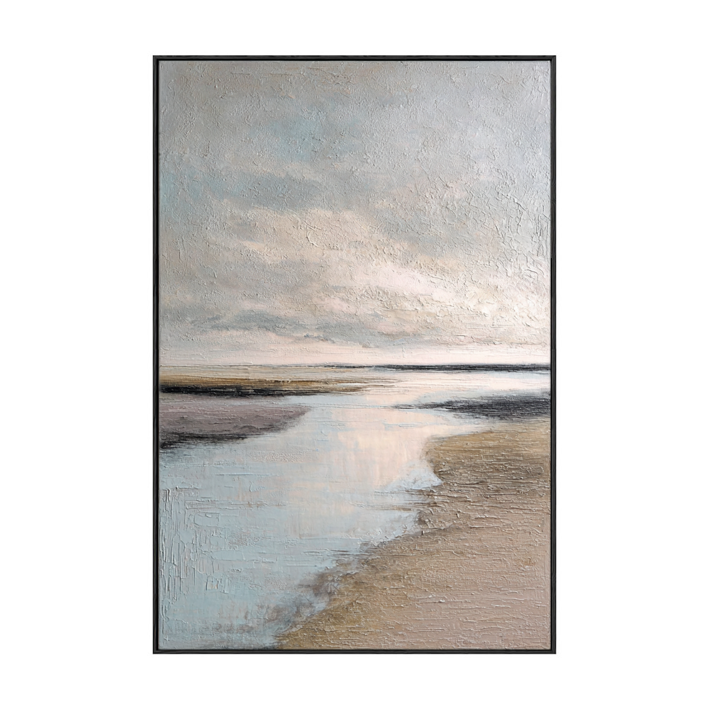 Serene Textured Coastal Horizon Landscape Impasto Wall Art Muted Light Grey Soft Blue Warm Beige Earthy Brown Sand Beach Seaside Calming Ocean Sky Scenery for Modern Living Room Bedroom Office Dining Room Hallway Decor