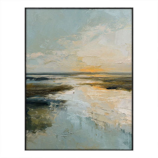 Abstract Textured Ocean and Sky Coastal Sunset Landscape Impasto Framed Canvas Wall Art – Soft Blue Beige Brown Yellow Hues for Contemporary Home Office Decor