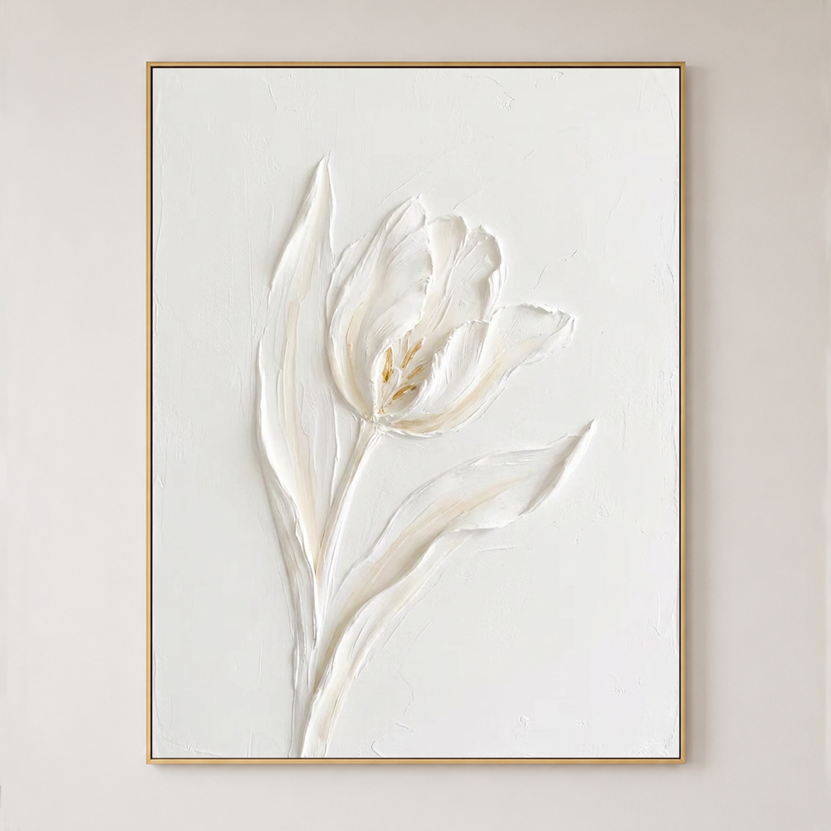 White and Subtle Beige Minimalist Plaster-style Textured Flower Vertical Wall Art for Living Room Bedroom