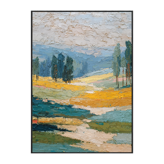 Thick Impasto Textured Landscape Wall Art – Warm Yellow Fields, Serene Blue Mountains & Water, Lush Green Trees, Soft Beige Sky – Elevate Modern Home Décor, Perfect for Living Room, Bedroom, Office, Dining Room, Hallway Ambiance