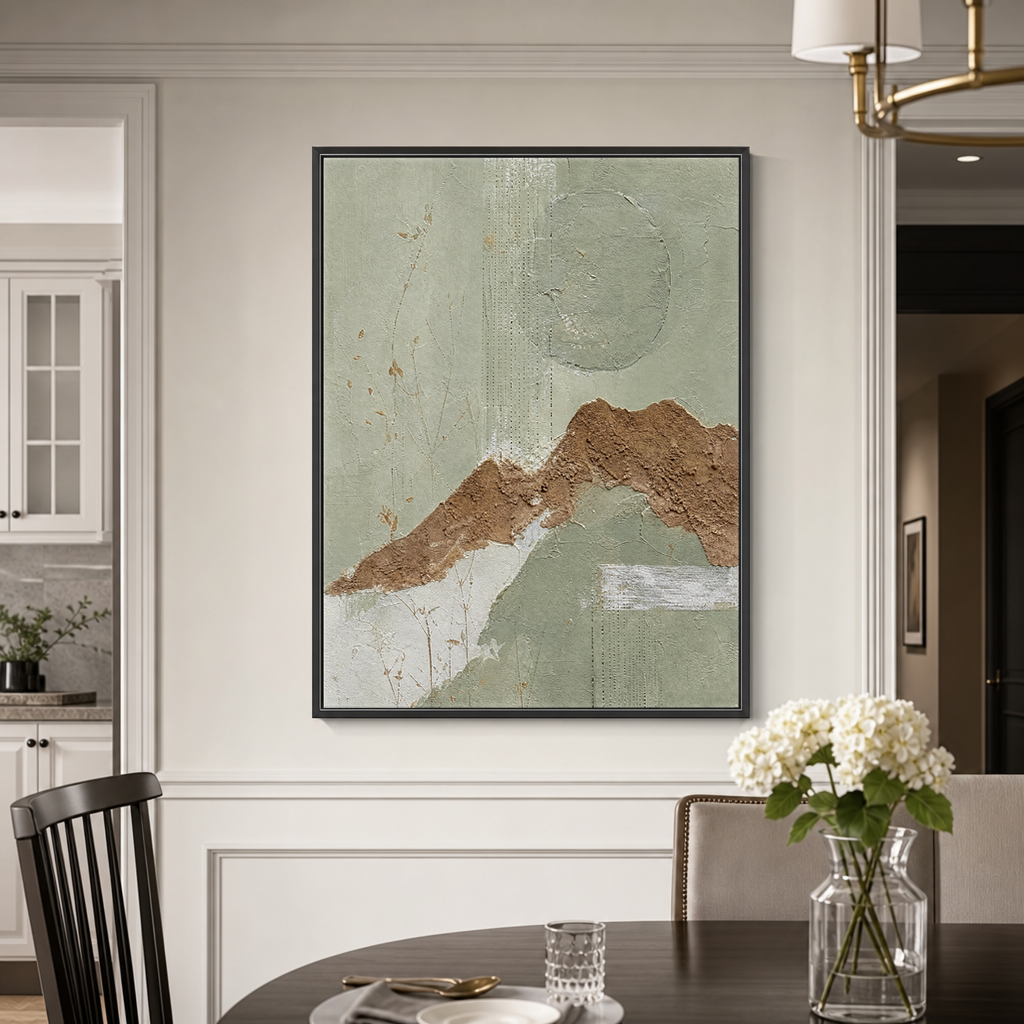 Sage Green Terracotta Abstract Textured Mixed Media Vertical Wall Art for Dining Room Living Room