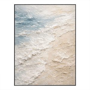 Thick Impasto Ocean and Sky Beach Textured Wall Art, Abstract Coastal Painting with Blue, White, Beige Waves, Calm Modern Framed Seascape Artwork for Living Room Bedroom Office Hallway Dining Room