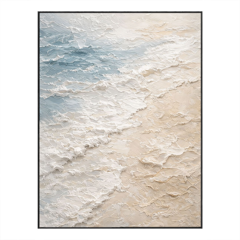 Thick Impasto Ocean and Sky Beach Textured Wall Art, Abstract Coastal Painting with Blue, White, Beige Waves, Calm Modern Framed Seascape Artwork for Living Room Bedroom Office Hallway Dining Room