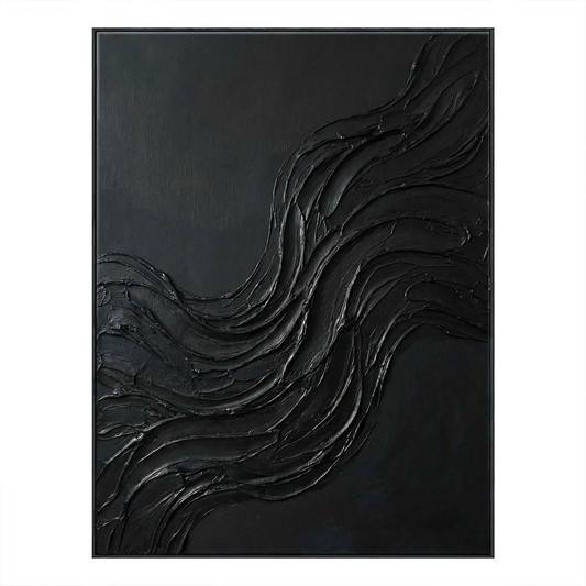Black Abstract Wavy Textured Thick Impasto Wall Art Modern Dark 3D Brush Stroke Artwork Minimalist Monochrome Oil Painting for Living Room Bedroom Office Hallway Dining Room