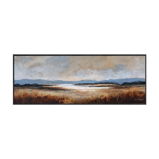 Vintage Muted Panoramic Landscape Canvas Wall Art - Serene Soft Blue Beige Cloudy Sky, Distant Blue Mountains, Calm Golden Brown Reeds, Textured Low Saturation Artwork for Cozy Home & Office Decor