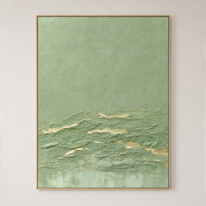 Textured Abstract Sage Green and Gold Plaster Texture Vertical Wall Art for Living Room