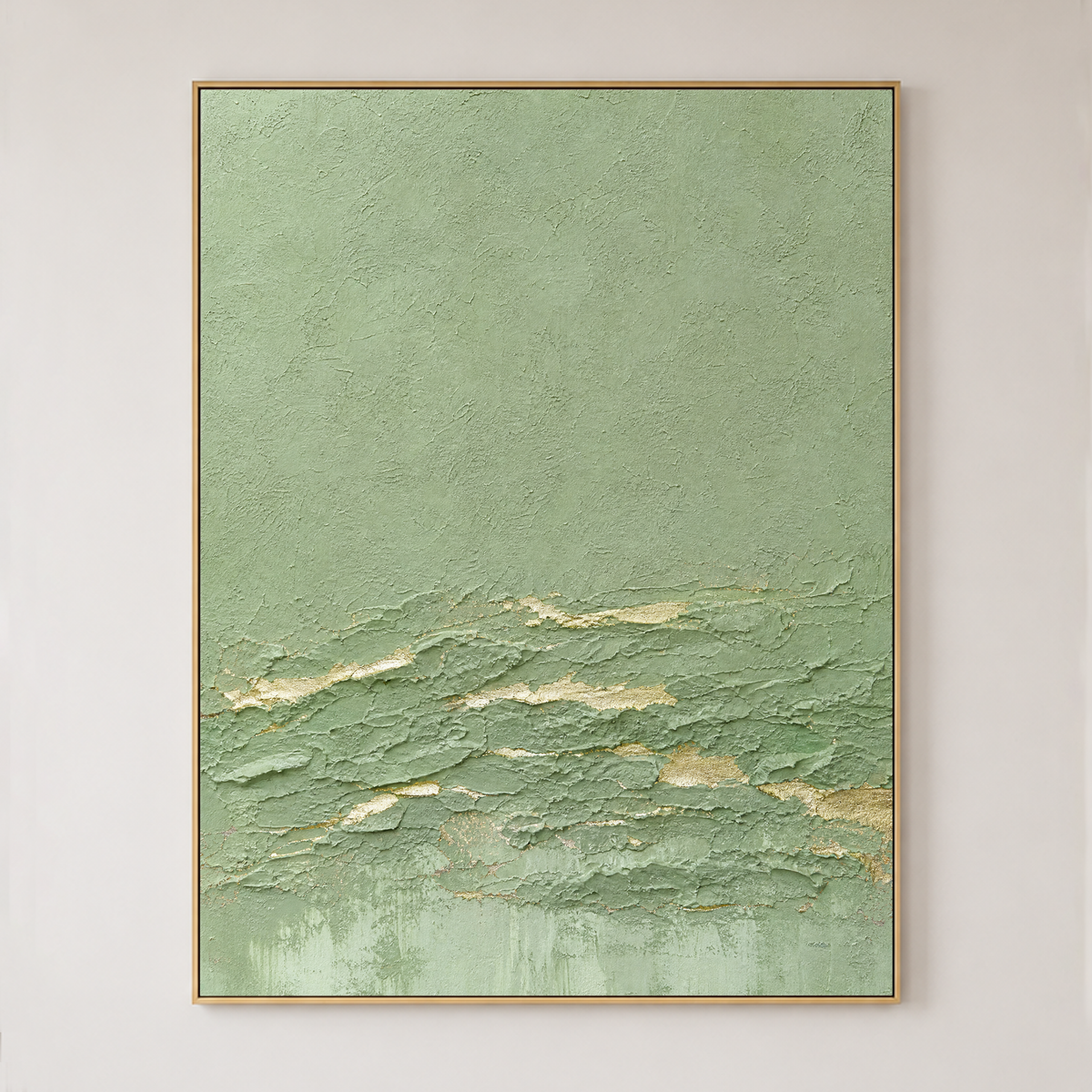 Textured Abstract Sage Green and Gold Plaster Texture Vertical Wall Art for Living Room