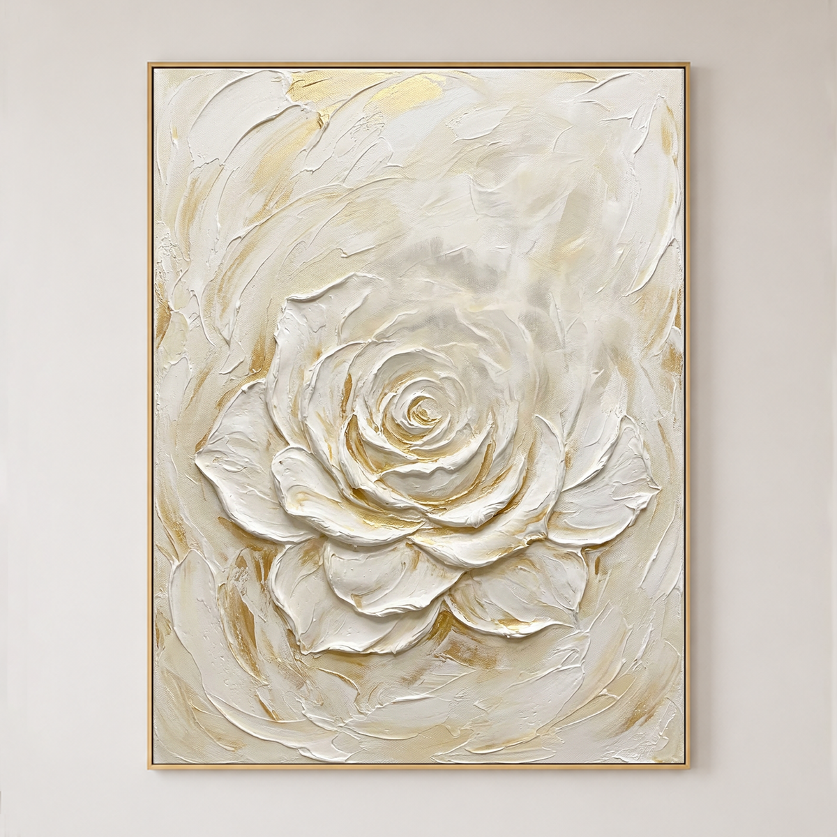 White and Gold Textured Rose Vertical Wall Art for Bedroom or Living Room