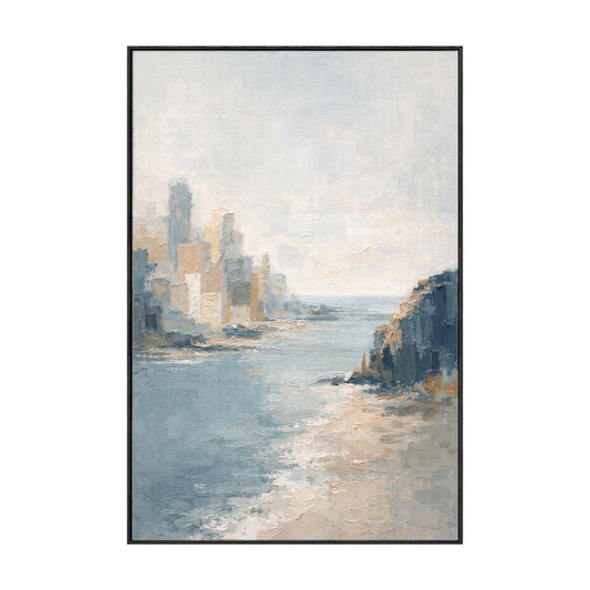 Vintage Textured Abstract Coastal Cityscape Wall Art, Soft Impasto Brushwork Ocean Cliffs Skyline Canvas Print for Home Decor, Muted Blue Beige White Tones, Framed or Unframed Option