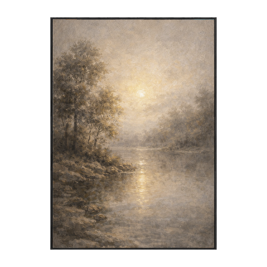 Vintage Muted River Landscape Wall Art Soft Golden Sunrise Sunlit Forest Trees Calm Water Reflection Neutral Earthy Tones Textured Canvas Print for Cozy Living Room Bedroom Office Hallway Dining Room Decor
