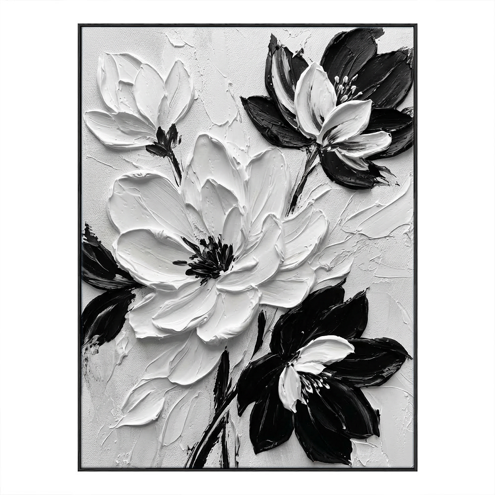 Black and White Textured Floral Wall Art Abstract Thick Paint Impasto Flower Painting Modern 3D Floral Artwork for Living Room Bedroom Dining Room Office Home Decor