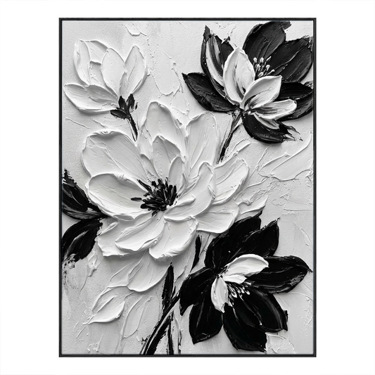 Black and White Textured Floral Wall Art Abstract Thick Paint Impasto Flower Painting Modern 3D Floral Artwork for Living Room Bedroom Dining Room Office Home Decor