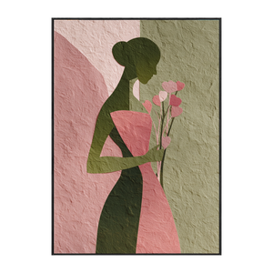Abstract Minimalist Female Portrait Silhouette with Soft Pink Muted Green Tones, Holding Delicate Heart-Shaped Flower Stems Textured Canvas Print Wall Decor for Modern Home Office Styling