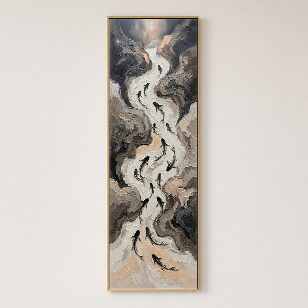 Abstract Koi Fish Stream Vertical Wall Art Textured Impasto Neutral Beige Brown Grey Black Modern Minimalist Canvas for Office Hallway Living Room Bedroom Dining Room
