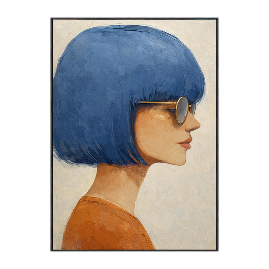 Modern Portrait Woman with Blue Bob Hair Gold Sunglasses Framed Wall Art, Retro Chic Minimalist Female Profile Painting for Home Decor, Vibrant Blue Brown Beige White Artwork