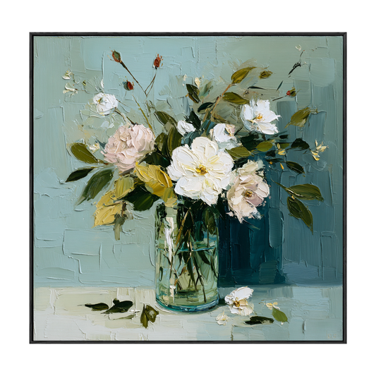 Elegant White and Pink Floral Still Life Impasto Wall Art, Vintage Botanical Vase Painting with Soft Green and Blue Background, Textured Modern Home Decor for Living Room Bedroom Office Dining Room Hallway
