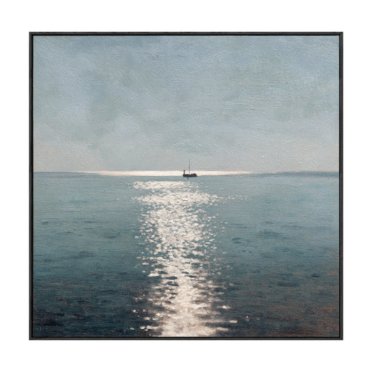 Minimalist Calm Blue Ocean Seascape Wall Art with Small Sailboat on Still Water, Serene Coastal Sky & Glistening Silver-Grey Water Pathway, Modern Nautical Decor for Tranquil Home & Office Spaces