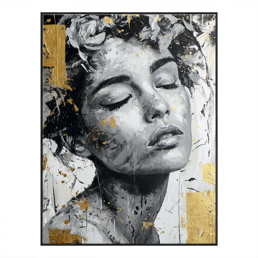Black and White Elegant Woman Portrait Impasto Textured Vintage Wall Art with Gold Foil Accents, Large Modern Hand-Painted Canvas Artwork for Living Room Bedroom Office Dining Room Hallway Home Decor