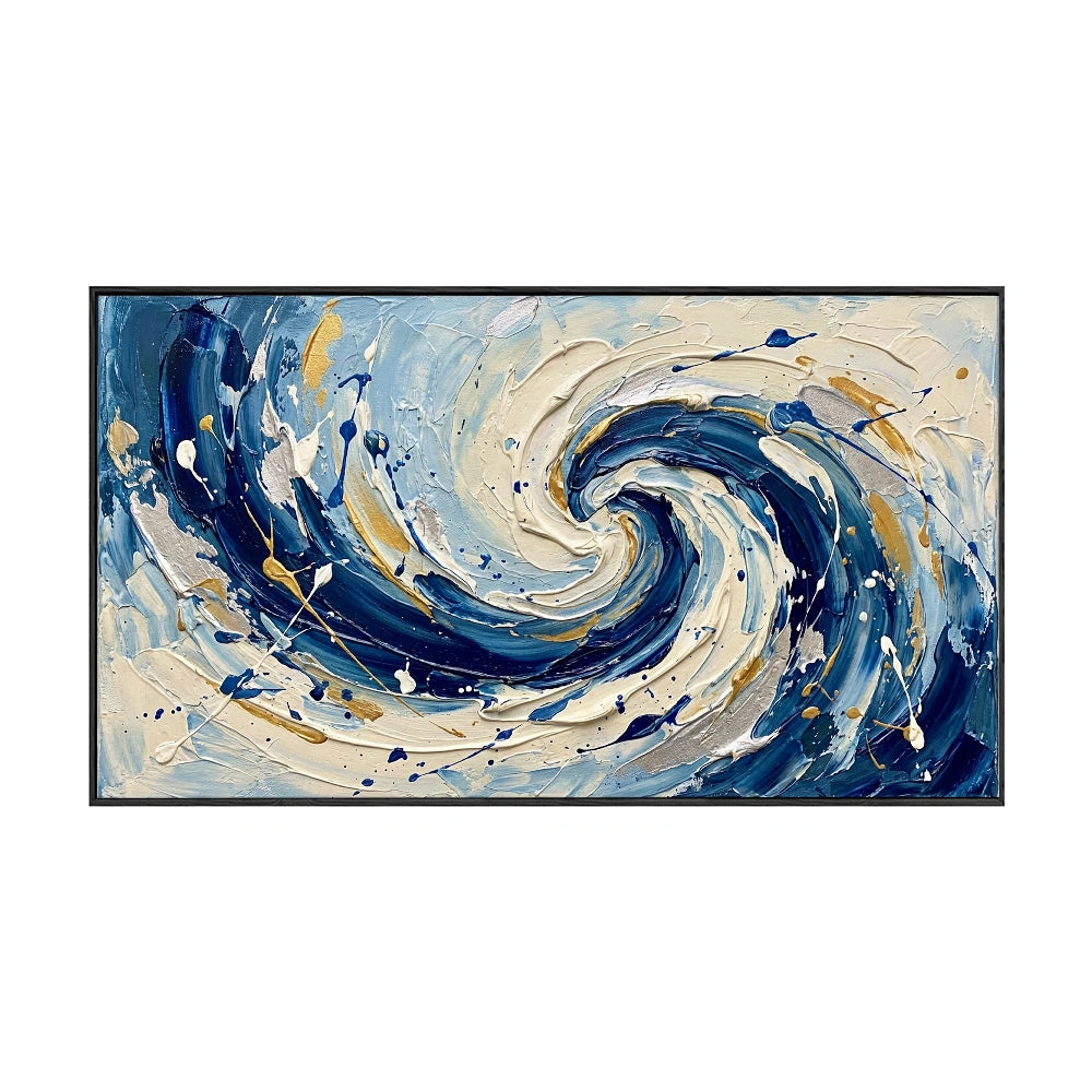Blue White Gold Abstract Ocean Wave Swirl Thick Impasto Textured Canvas Wall Art Modern Coastal Living Room Bedroom Dining Room Office Hallway Decorative Artwork