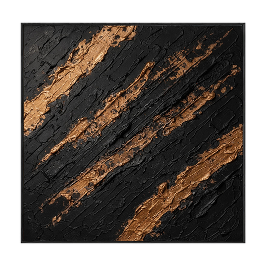 Black and Gold Abstract Impasto Textured Wall Art, Luxury Thick Paint Stacking Knife Marks Diagonal Lines Artwork, Modern Minimalist Canvas Decor for Office Hallway Dining Room Bedroom Living Room