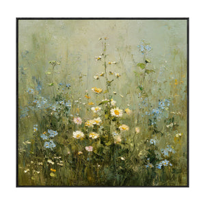 Vintage Wildflower Meadow Textured Impasto Wall Art, Soft Green Beige White Rustic Floral Landscape Painting, Nature Inspired Framed Artwork for Living Room Bedroom Dining Room Hallway Office