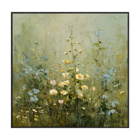 Vintage Wildflower Meadow Textured Impasto Wall Art, Soft Green Beige White Rustic Floral Landscape Painting, Nature Inspired Framed Artwork for Living Room Bedroom Dining Room Hallway Office