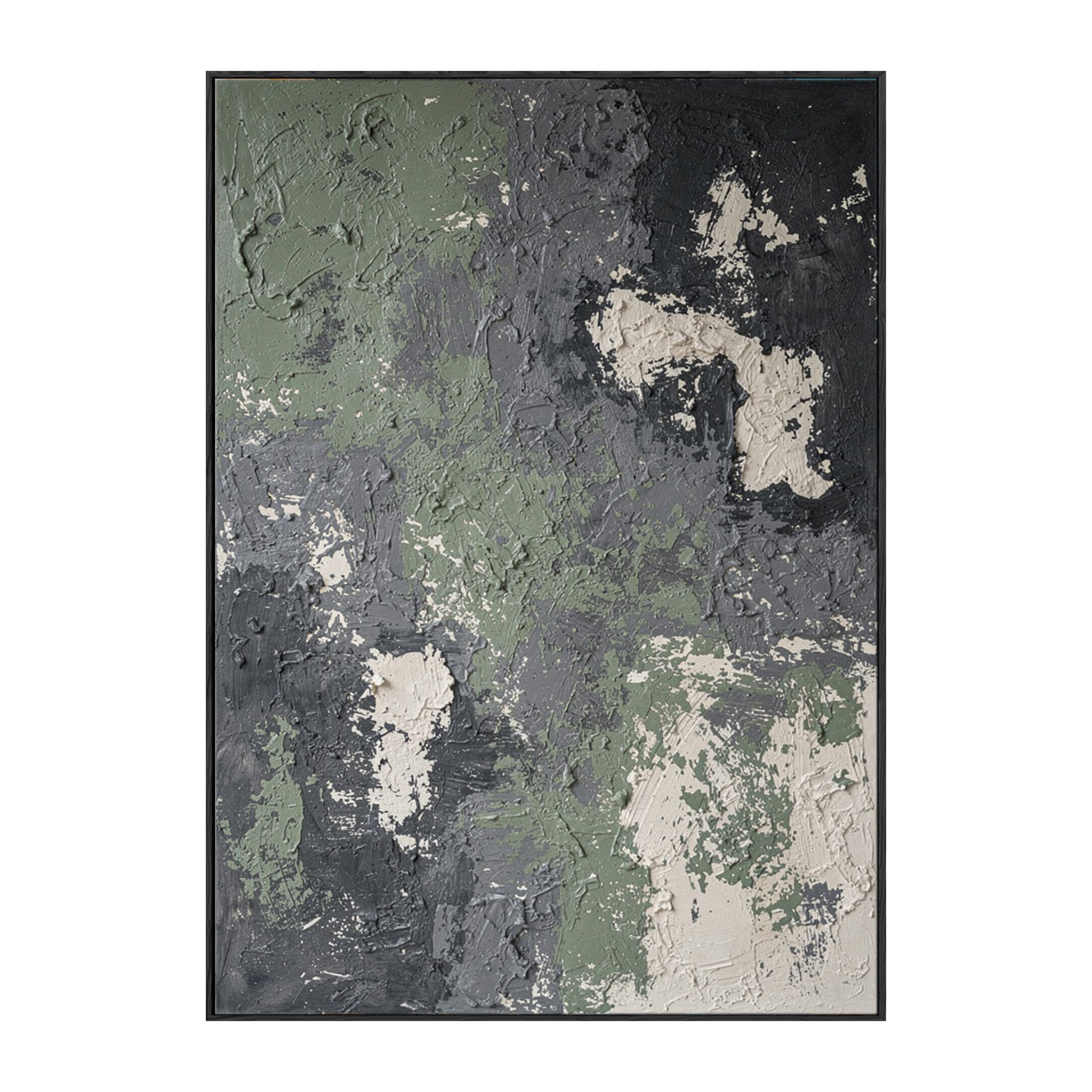Abstract Textured Dark Green, Medium Grey, White & Beige Thick Impasto Wall Art Modern Muted Non-Representational Decor for Contemporary Home Office Hallway Dining Bedroom Living Room Spaces