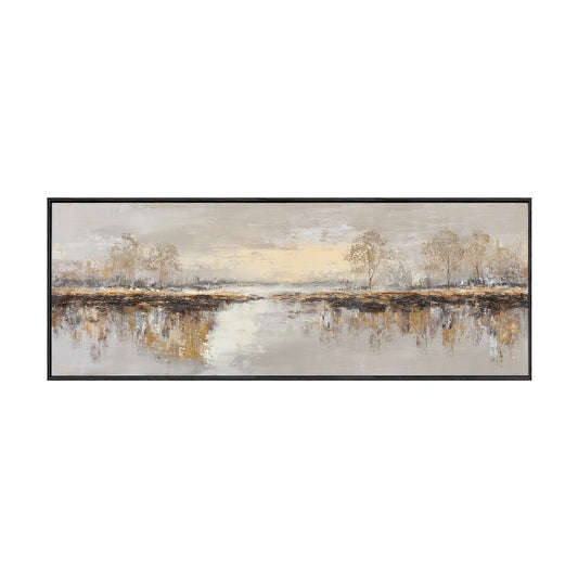 Large Panoramic Vintage Autumn Landscape Canvas Wall Art Neutral Beige Brown Gold Light Grey Tree Water Reflection Textured Painting for Modern Home Living Room Dining Hallway Bedroom Office Decor