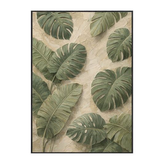 Tropical Green Monstera Banana Leaves Textured Impasto Wall Art for Living Room, Neutral Beige Background Large Botanical Painting, Modern Minimalist Plant Canvas Artwork for Bedroom Dining Room Office Hallway Home Decor
