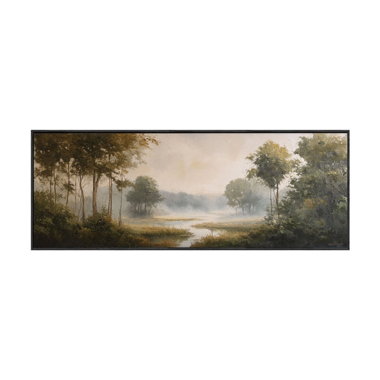 Vintage Misty Forest River Landscape Canvas Wall Art, Muted Beige Green Brown Impasto Oil Painting Print with Textured Detail for Modern Rustic Home Decor, 20x60 Inch Framed Nature Scenery Wall Decor for Living Room Bedroom Office