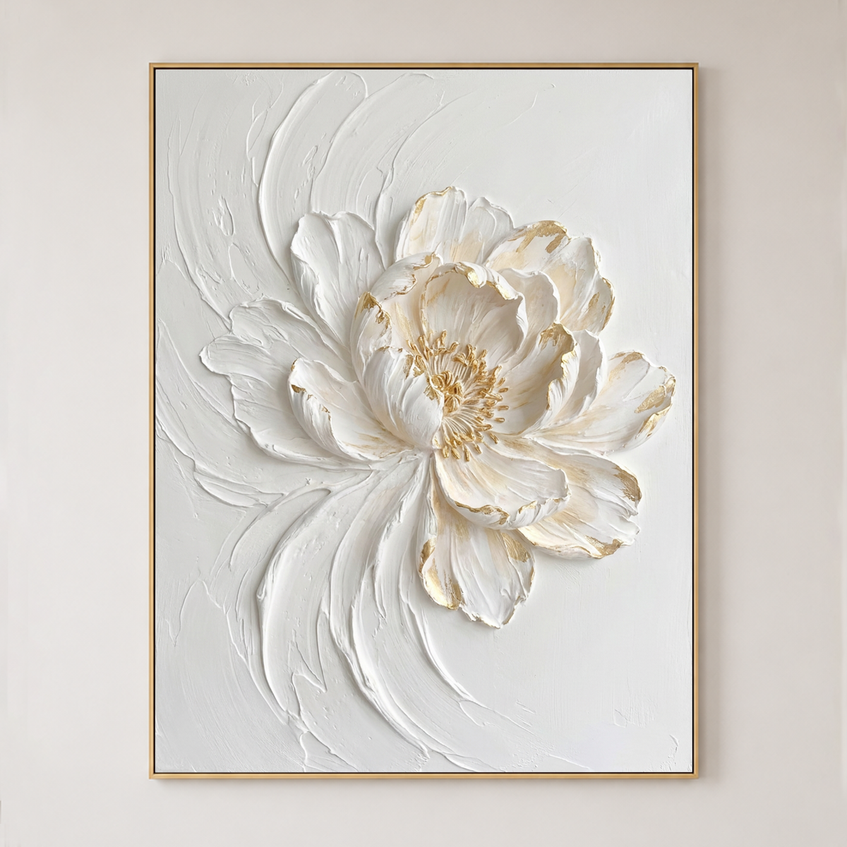 White and Gold Textured 3D Relief Flower Vertical Wall Art for Living Room Bedroom