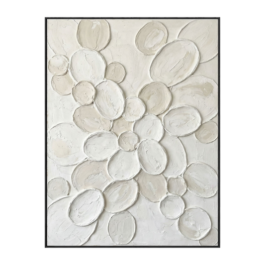 Minimalist White Beige Textured Abstract Wall Art Thick Impasto Organic Round Pebble Styled Modern Neutral Artwork for Contemporary Home Office Living Room Bedroom Dining Room Hallway Interior Decor