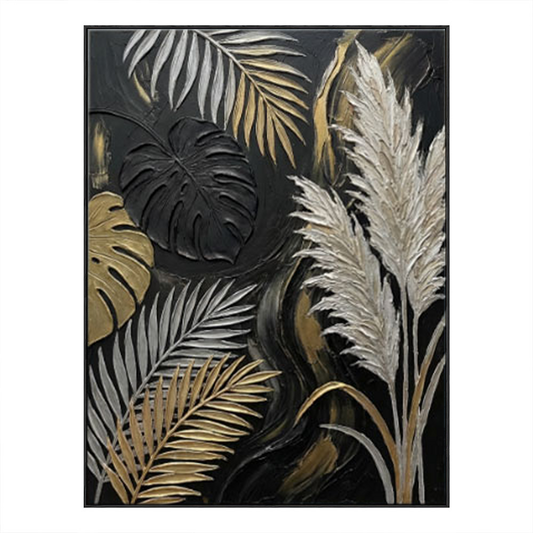 Black Gold White Beige Monstera Palm Pampas Grass Textured 3D Botanical Wall Art for Modern Luxury Home Living Room Bedroom Dining Room Office Hallway Decor