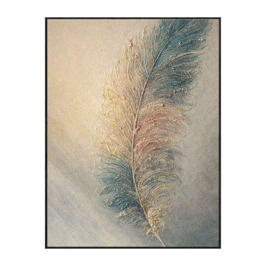 Elegant Soft Textured Feather Framed Wall Art Muted Blue Gold Pink Beige Nature Inspired Stylized Artwork for Modern Minimalist Home Decor Bedroom Living Room Office Dining Hallway