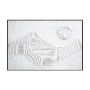 Minimalist White Textured Abstract Mountain Sun Line Landscape Framed Wall Art for Modern Contemporary Home Office Decor