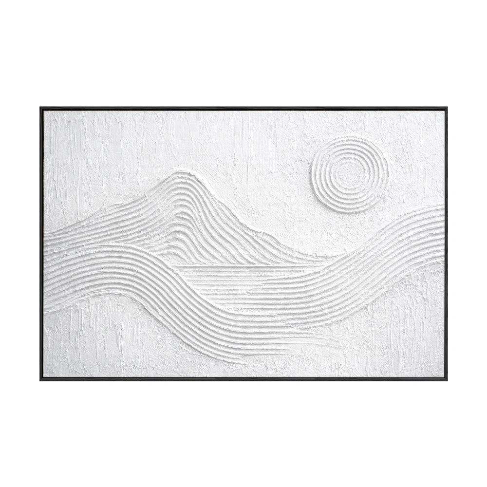 Minimalist White Textured Abstract Mountain Sun Line Landscape Framed Wall Art for Modern Contemporary Home Office Decor
