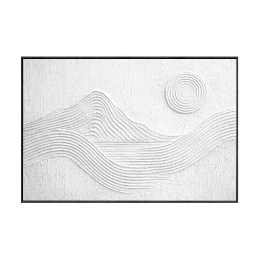Minimalist White Textured Abstract Mountain Sun Line Landscape Framed Wall Art for Modern Contemporary Home Office Decor