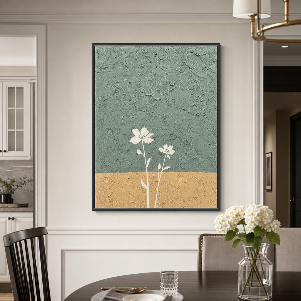 Minimalist Textured Vertical Wall Art Flower And Tree Sage Green Mustard Yellow White Plaster-style Dining Room Living Room